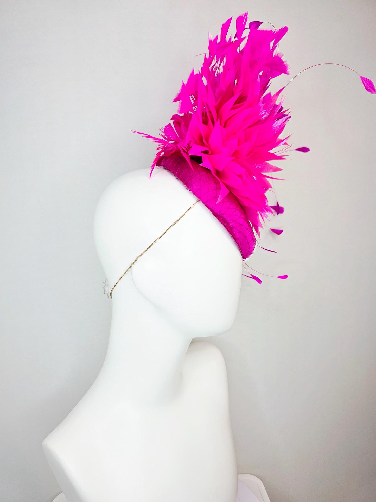 kentucky derby hat fascinator hot pink fuchsia satin with netting fluffy bright fuchsia pink feathers and hot pink fuchsia branching feather
