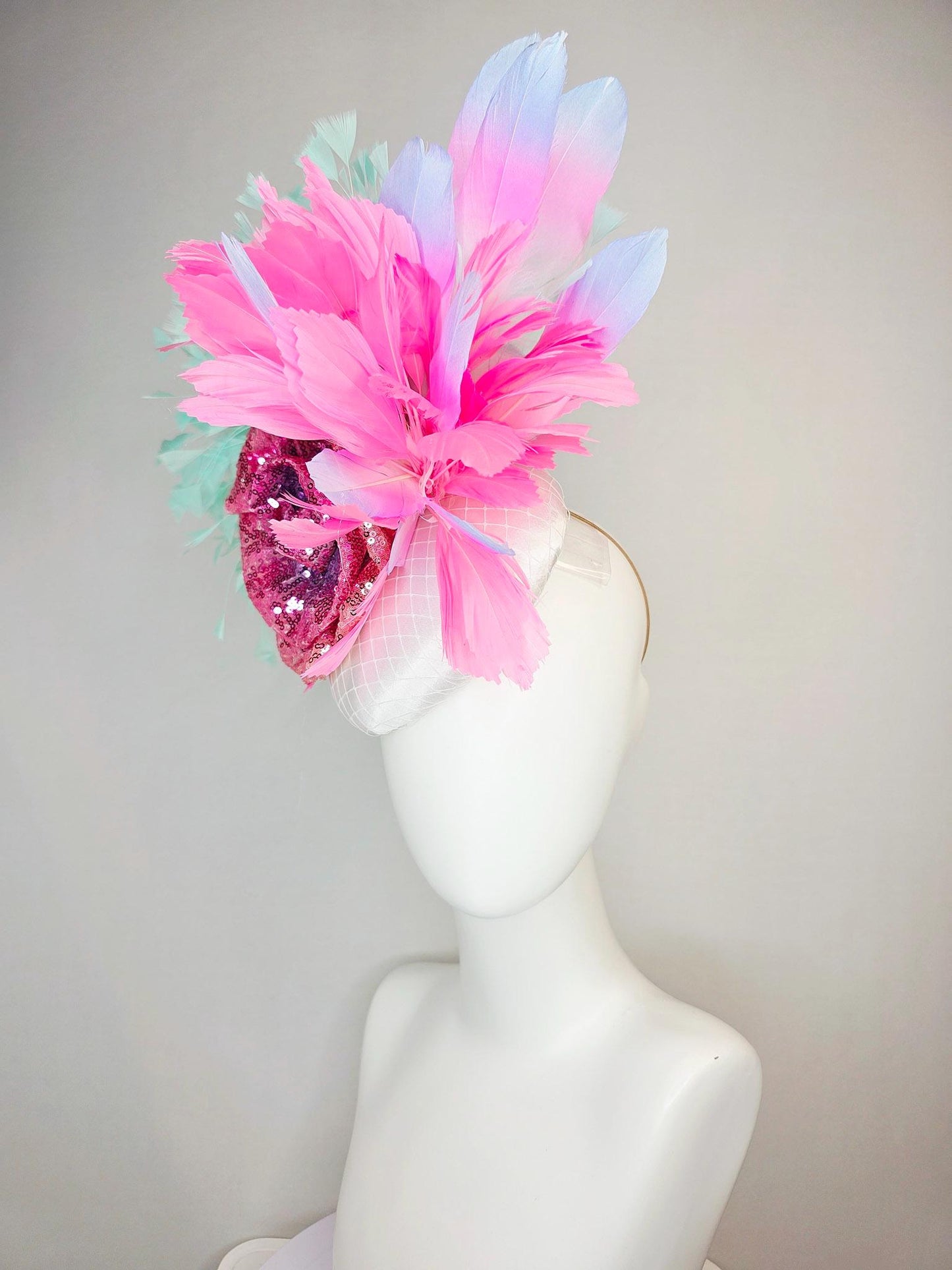 kentucky derby hat fascinator white satin with netting with pink sequin flower blush pink lavender purple mint green aqua blue feathers