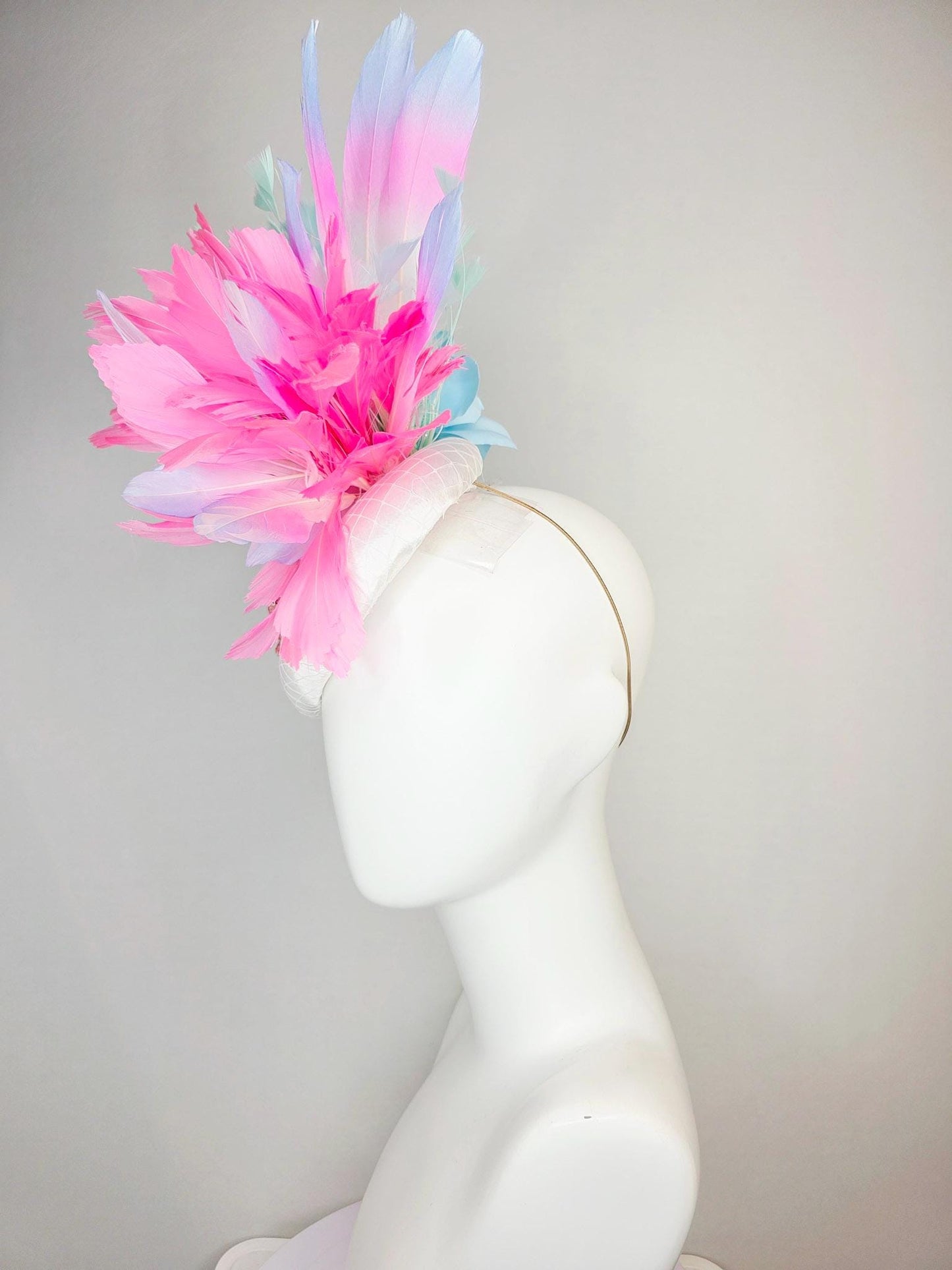 kentucky derby hat fascinator white satin with netting with pink sequin flower blush pink lavender purple mint green aqua blue feathers
