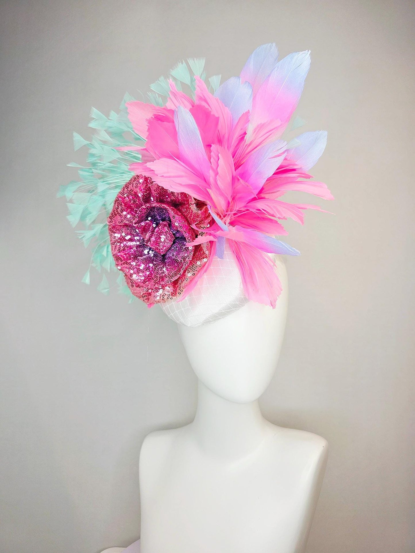 kentucky derby hat fascinator white satin with netting with pink sequin flower blush pink lavender purple mint green aqua blue feathers