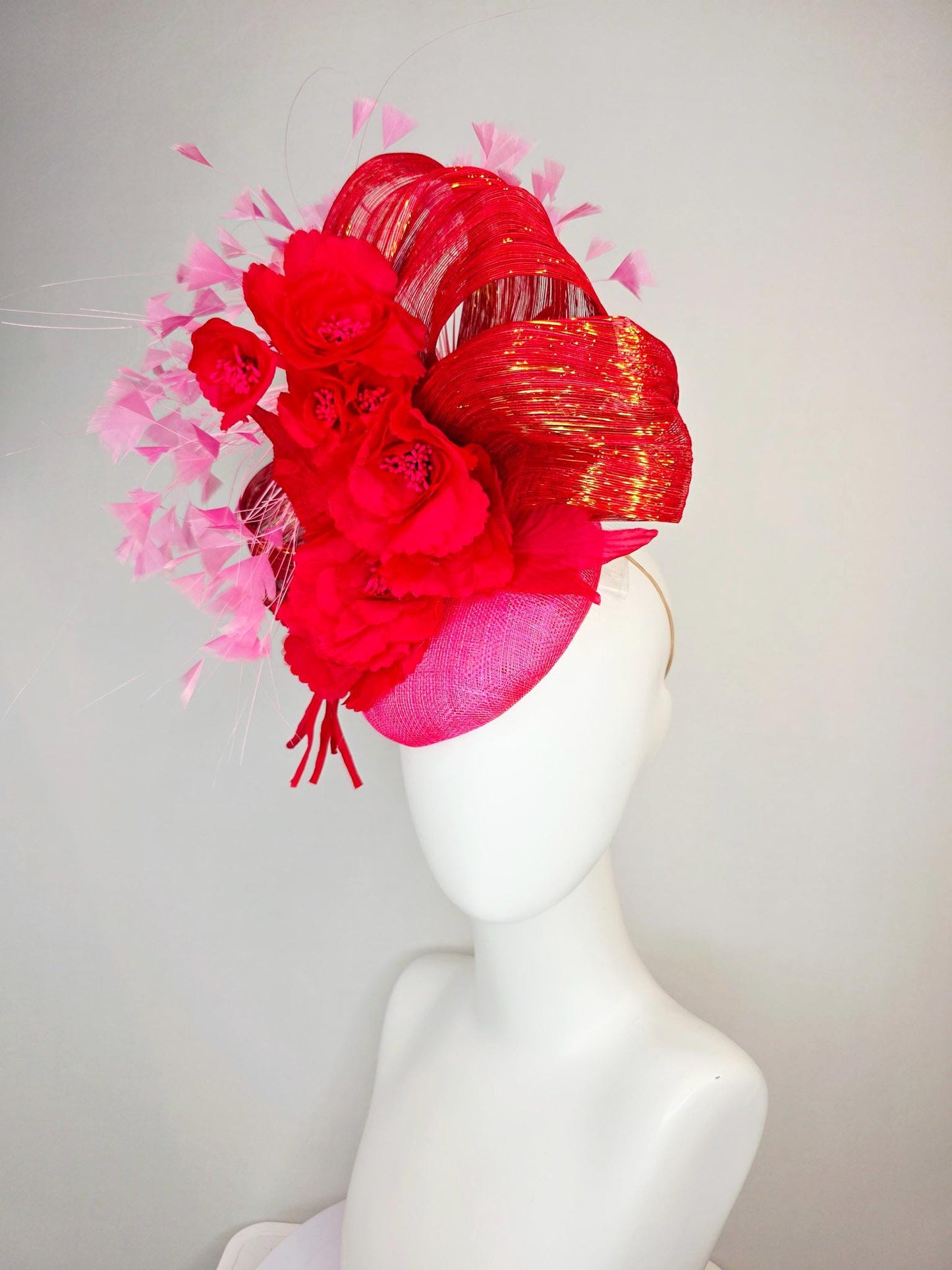 kentucky derby hat fascinator hot pink sinamay with scarlet red satin flowers red metallic silk ribbon and blush pink branching feathers
