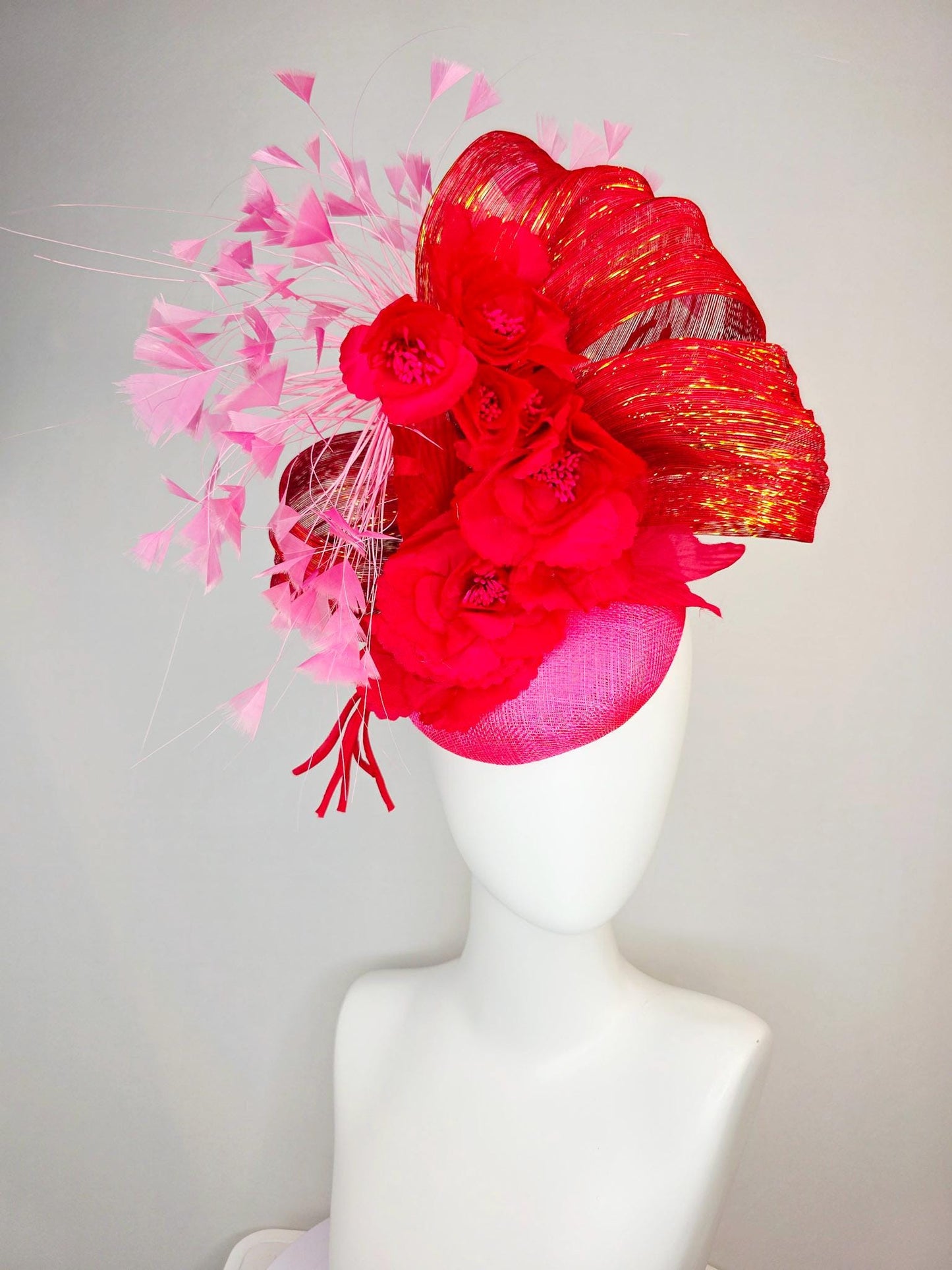 kentucky derby hat fascinator hot pink sinamay with scarlet red satin flowers red metallic silk ribbon and blush pink branching feathers