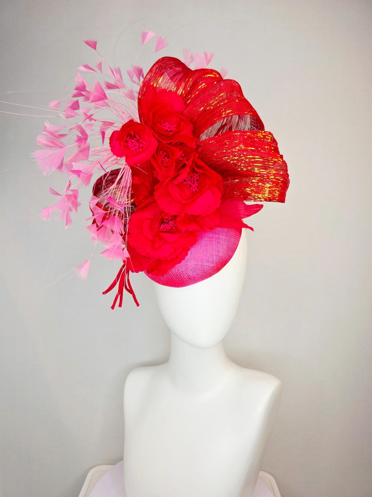 kentucky derby hat fascinator hot pink sinamay with scarlet red satin flowers red metallic silk ribbon and blush pink branching feathers