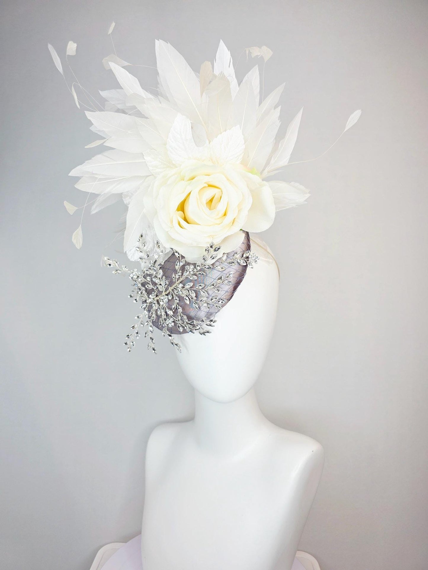 kentucky derby hat fascinator silver gray satin with netting leaf vine crystal clear rhinestone ivory white organza silk rose white feathers