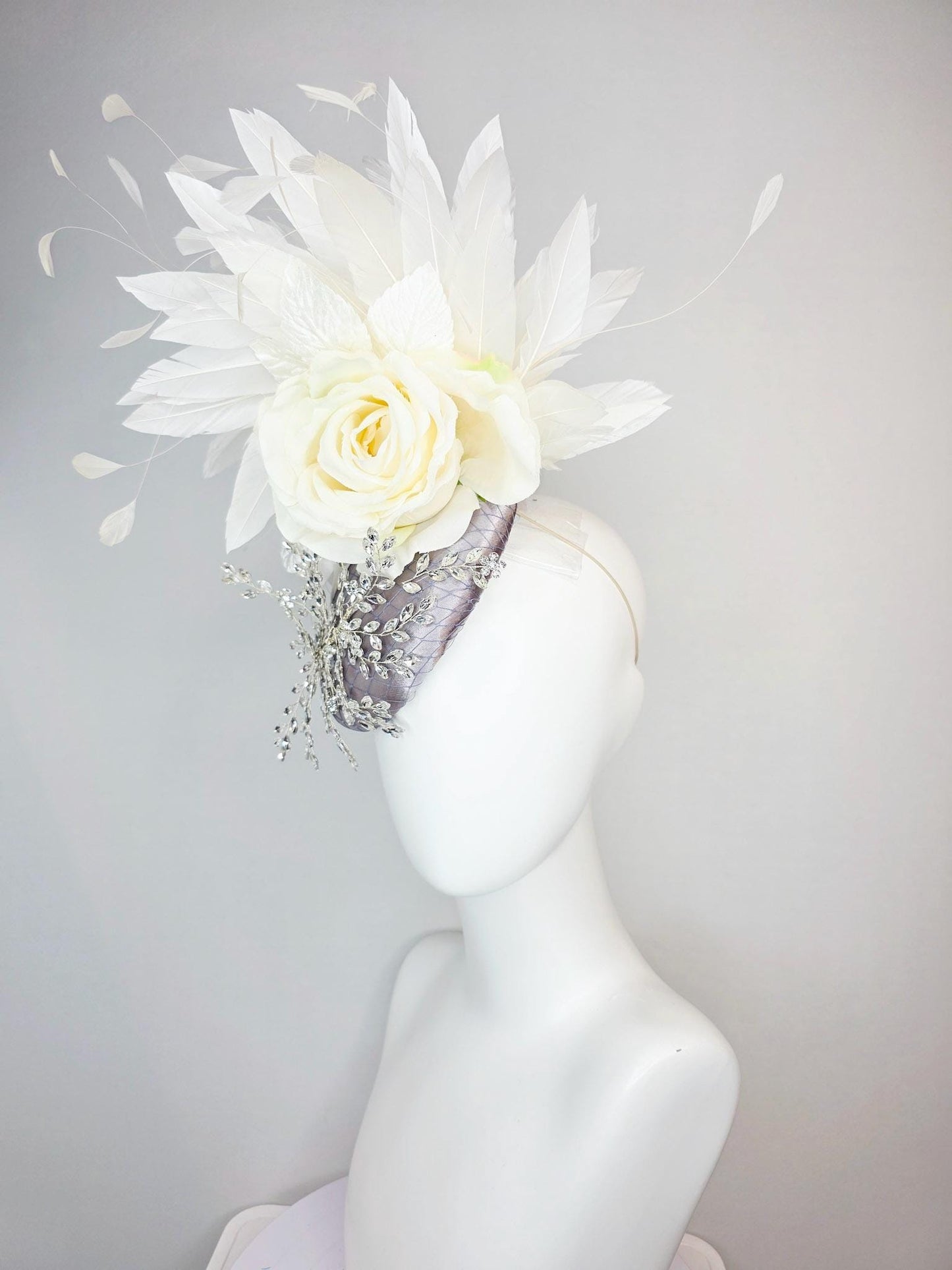 kentucky derby hat fascinator silver gray satin with netting leaf vine crystal clear rhinestone ivory white organza silk rose white feathers