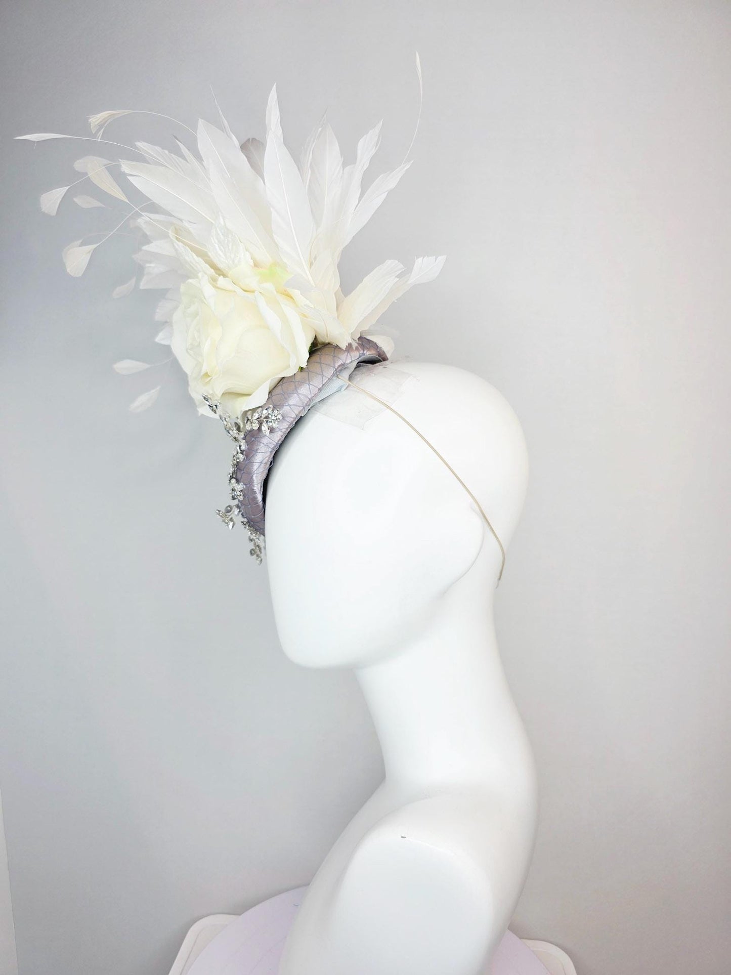 kentucky derby hat fascinator silver gray satin with netting leaf vine crystal clear rhinestone ivory white organza silk rose white feathers