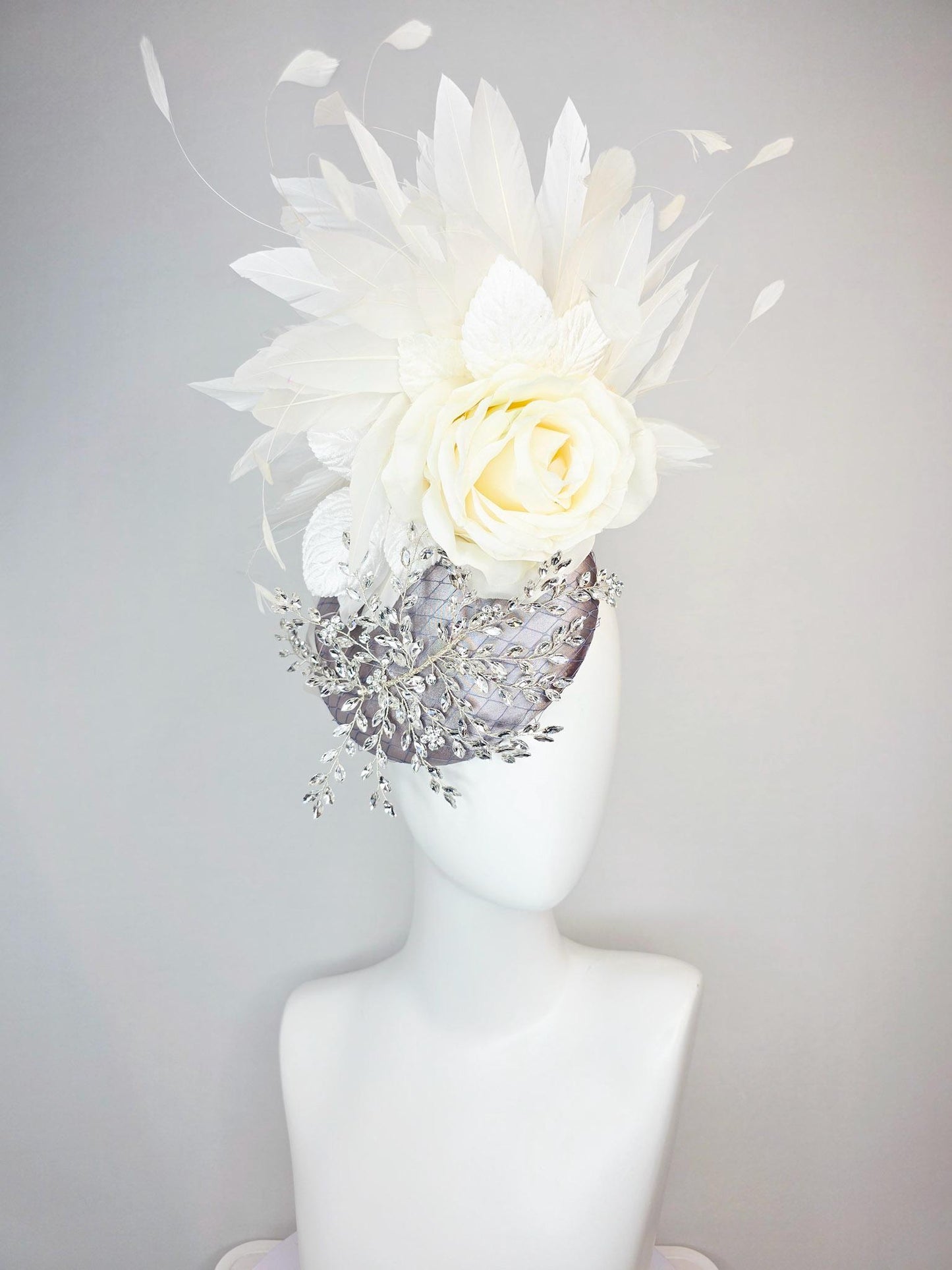 kentucky derby hat fascinator silver gray satin with netting leaf vine crystal clear rhinestone ivory white organza silk rose white feathers