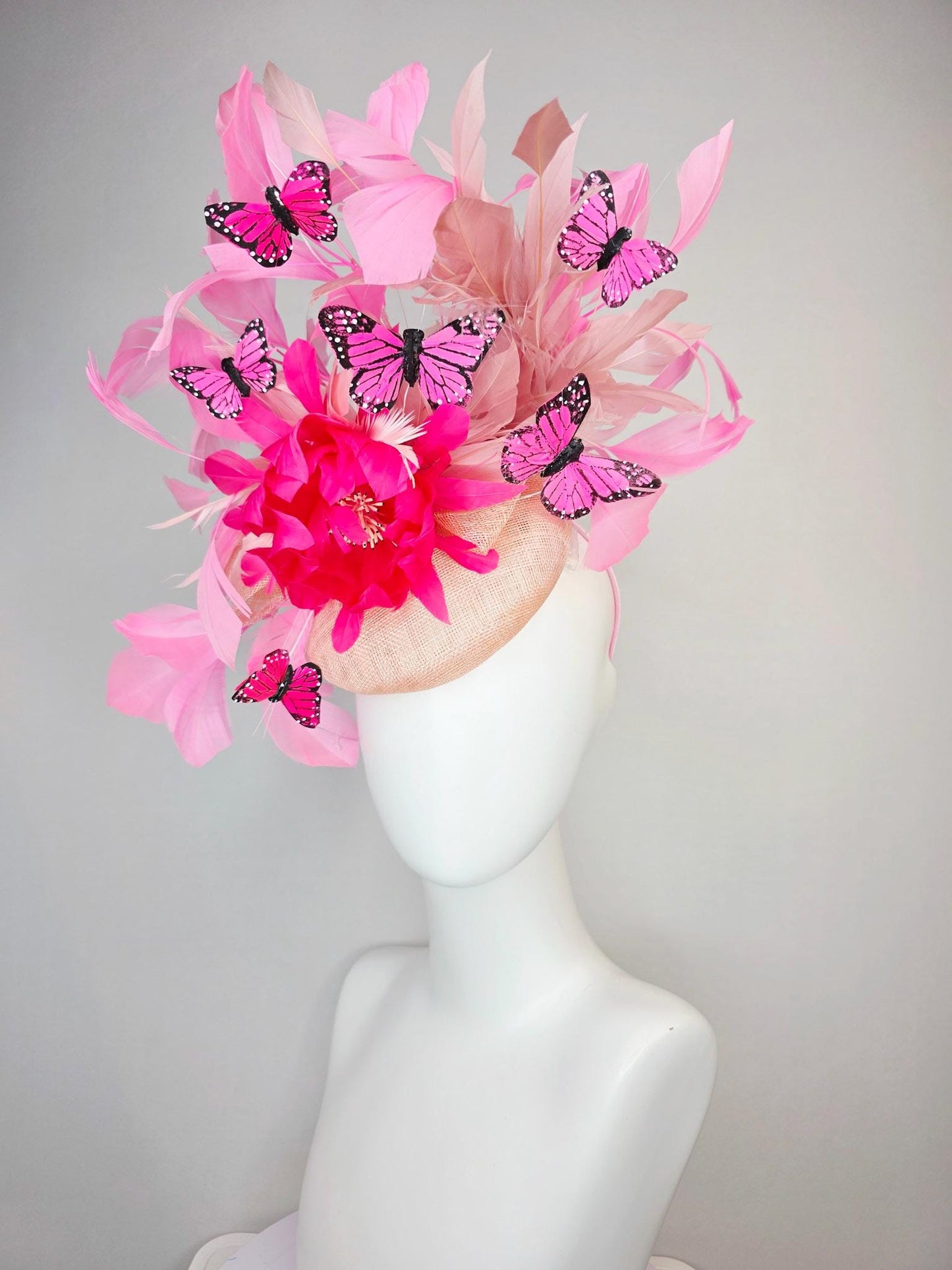 kentucky derby hat fascinator champagne pink sinamay with hot pink feather flower dusty rose and blush pink feathers and pink butterflies