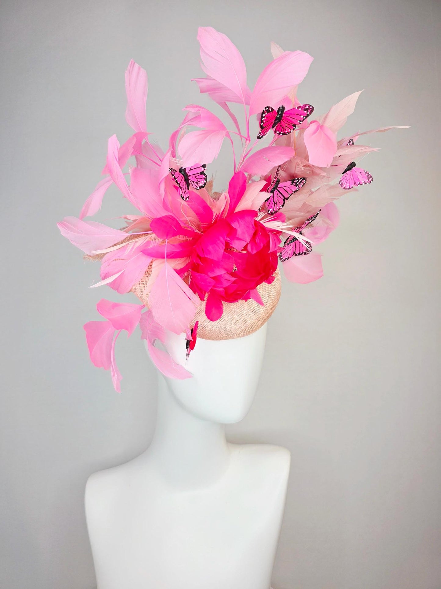 kentucky derby hat fascinator champagne pink sinamay with hot pink feather flower dusty rose and blush pink feathers and pink butterflies