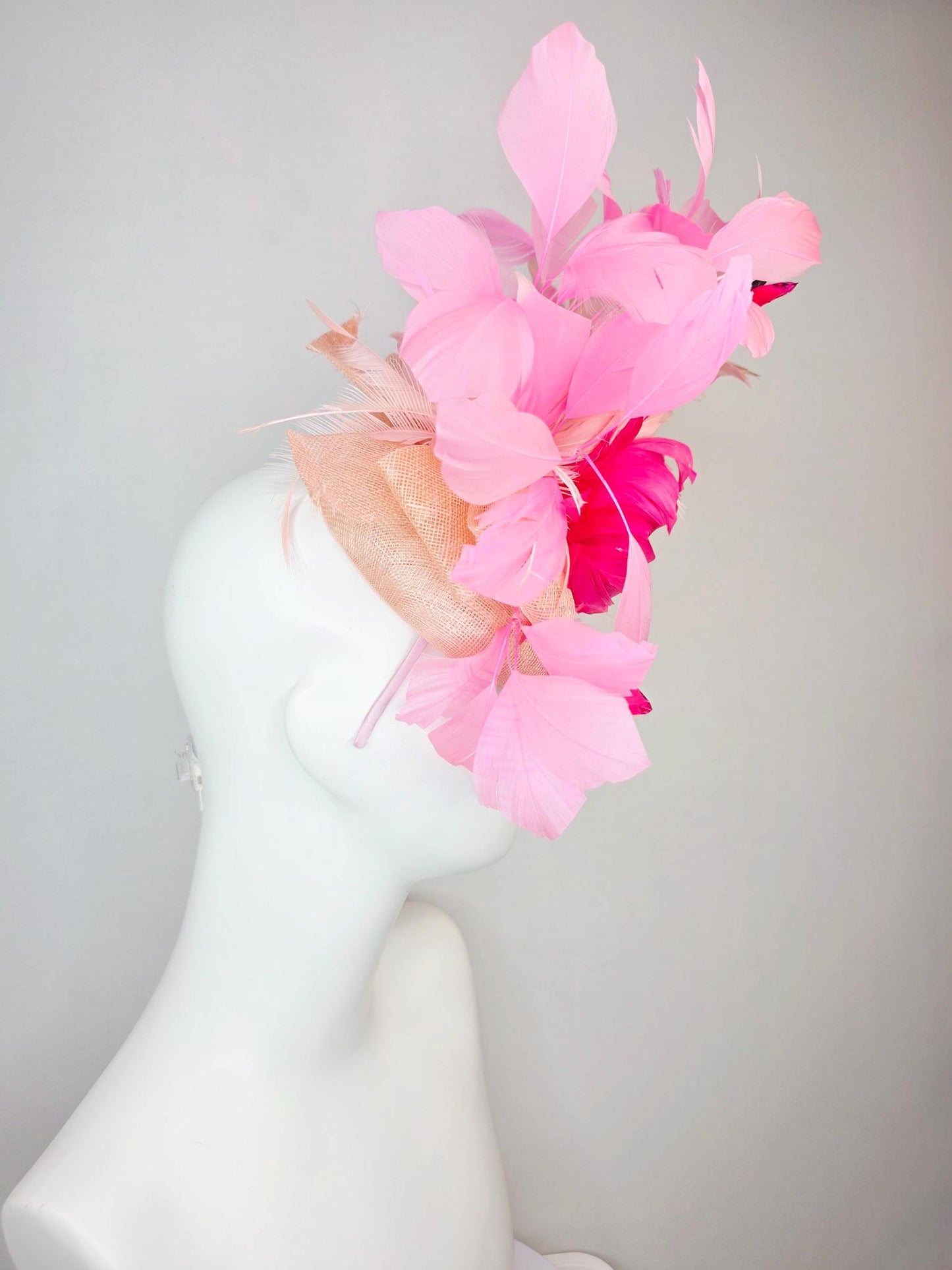 kentucky derby hat fascinator champagne pink sinamay with hot pink feather flower dusty rose and blush pink feathers and pink butterflies