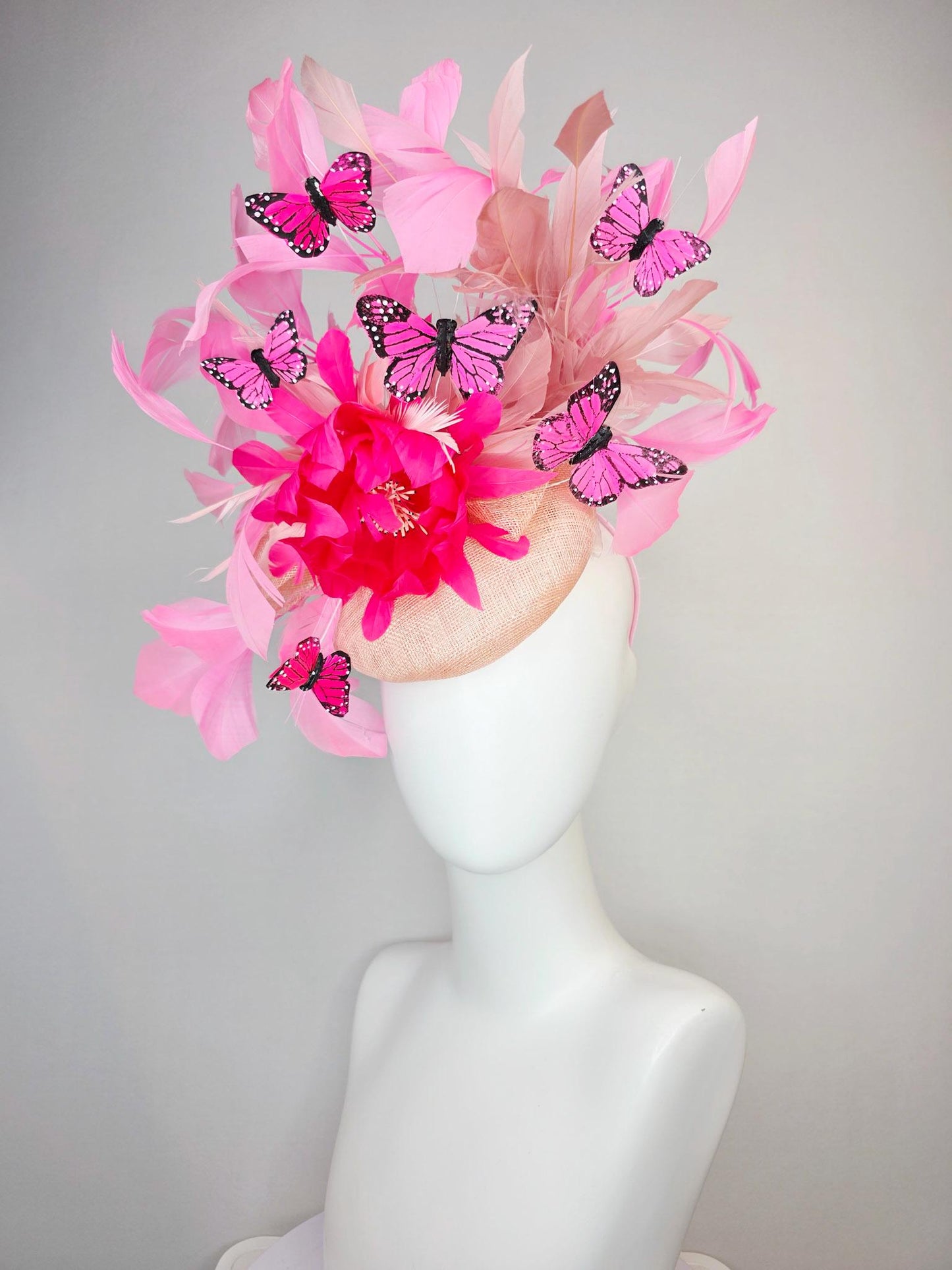 kentucky derby hat fascinator champagne pink sinamay with hot pink feather flower dusty rose and blush pink feathers and pink butterflies