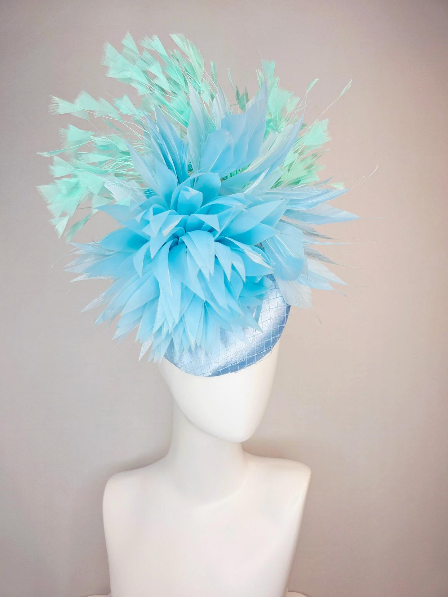 kentucky derby hat fascinator light baby blue satin with netting fluffy sky blue feathers and mint green branching feathers