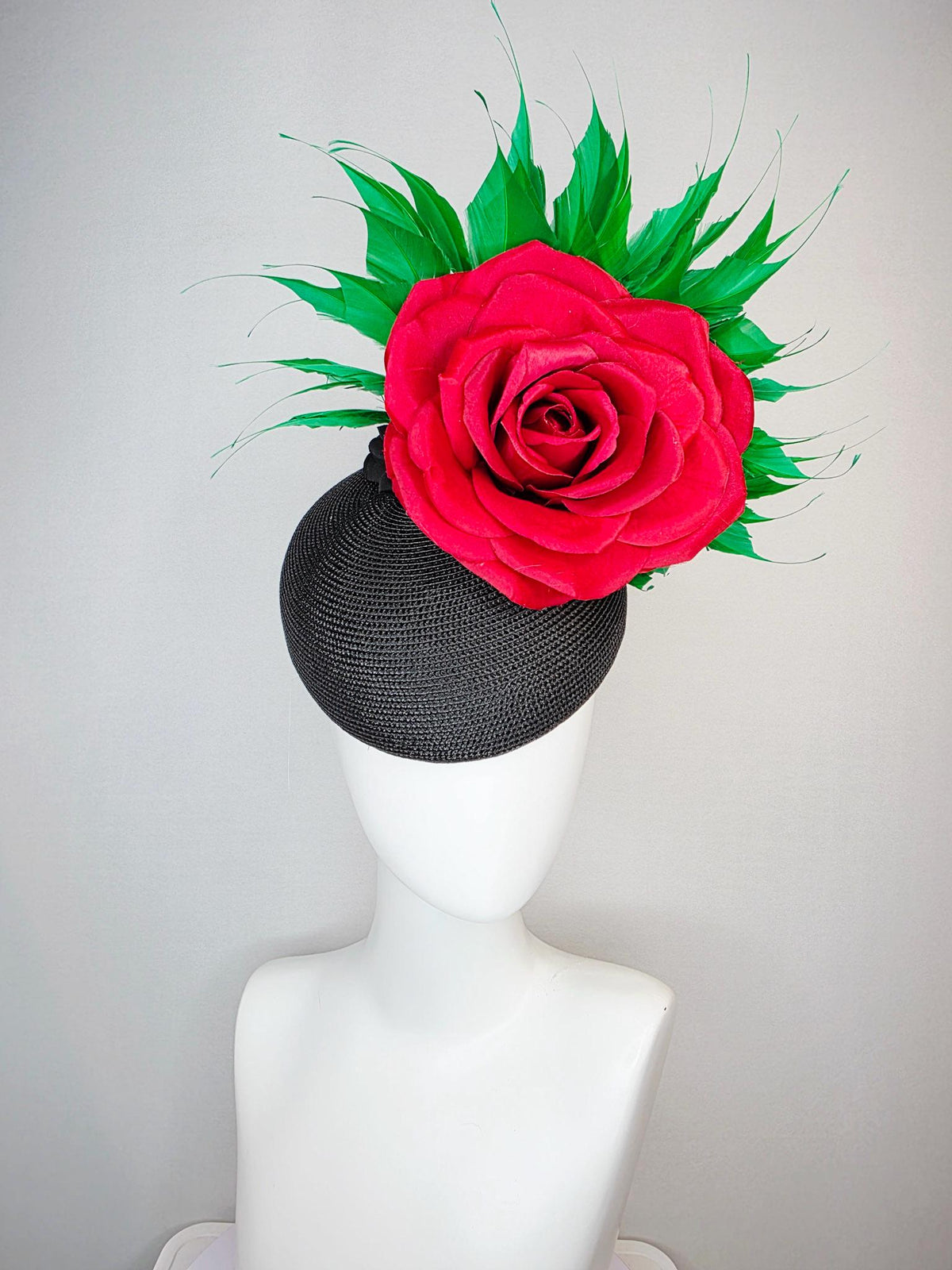 kentucky derby hat fascinator black straw base with large cherry red satin rose and bright green branching feathers