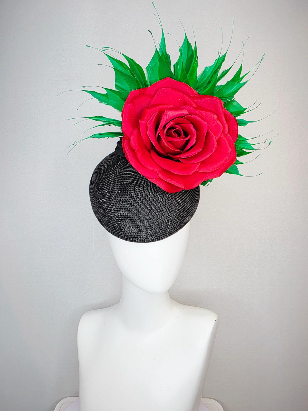 kentucky derby hat fascinator black straw base with large cherry red satin rose and bright green branching feathers