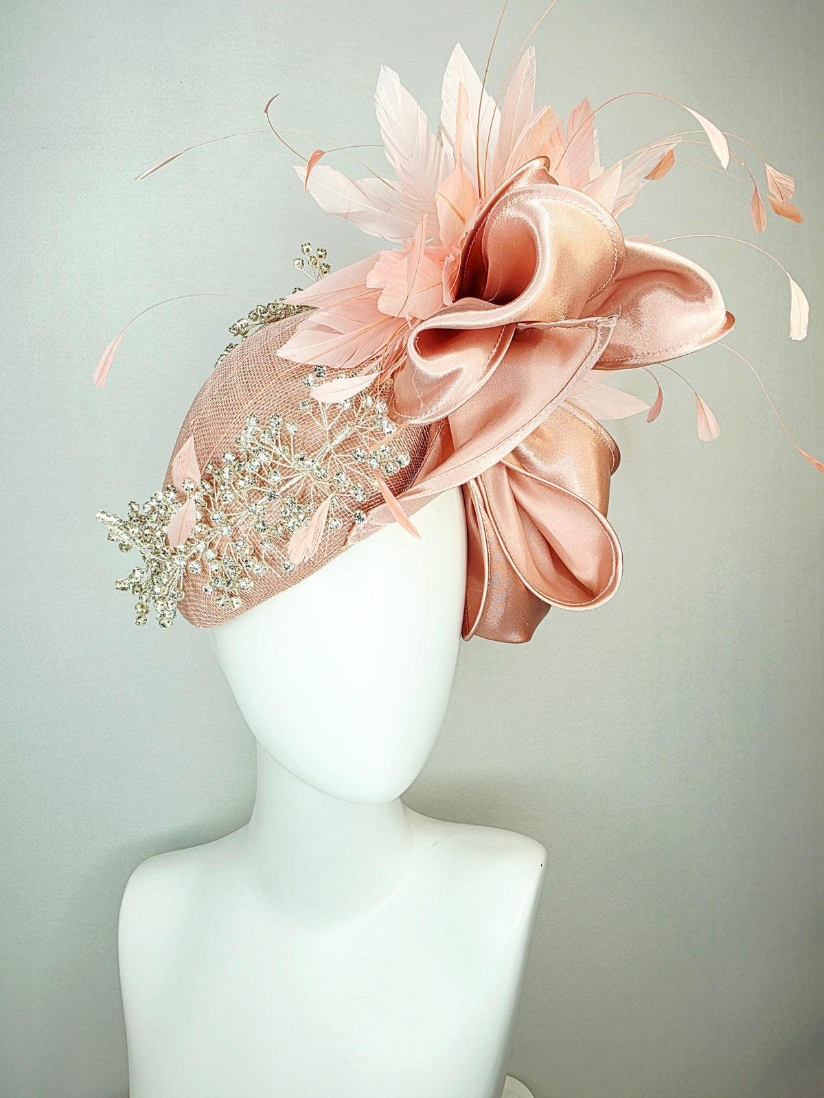 kentucky derby hat fascinator light pink dusty rose sinamay with crystal clear leaf vine large champagne pink satin bow baby pink feathers