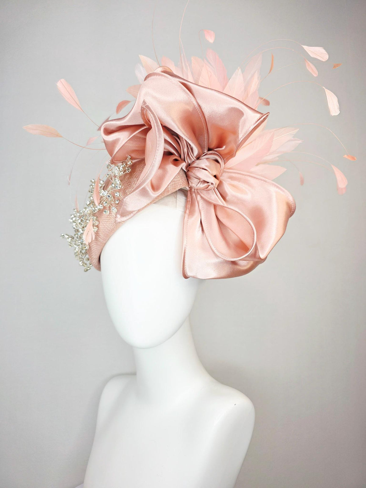kentucky derby hat fascinator light pink dusty rose sinamay with crystal clear leaf vine large champagne pink satin bow baby pink feathers