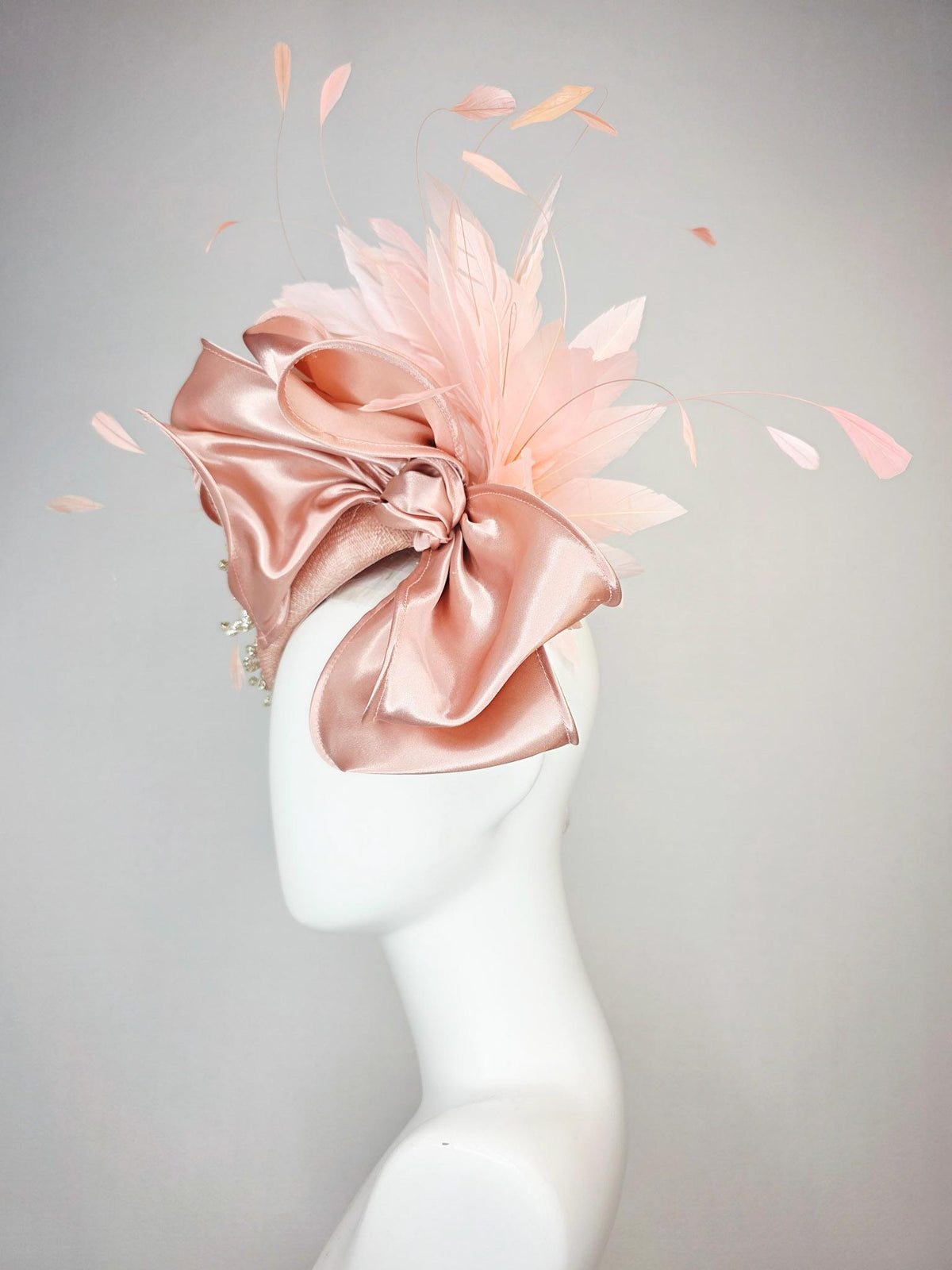 kentucky derby hat fascinator light pink dusty rose sinamay with crystal clear leaf vine large champagne pink satin bow baby pink feathers
