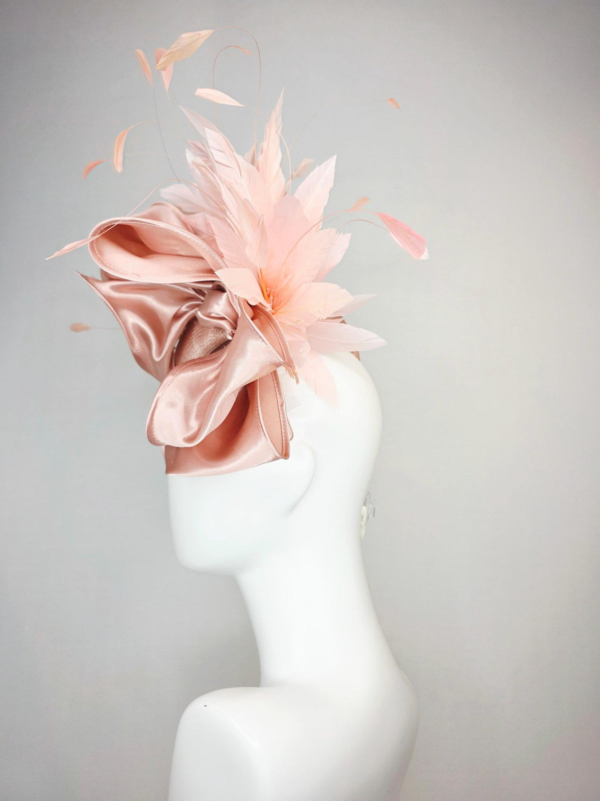 kentucky derby hat fascinator light pink dusty rose sinamay with crystal clear leaf vine large champagne pink satin bow baby pink feathers