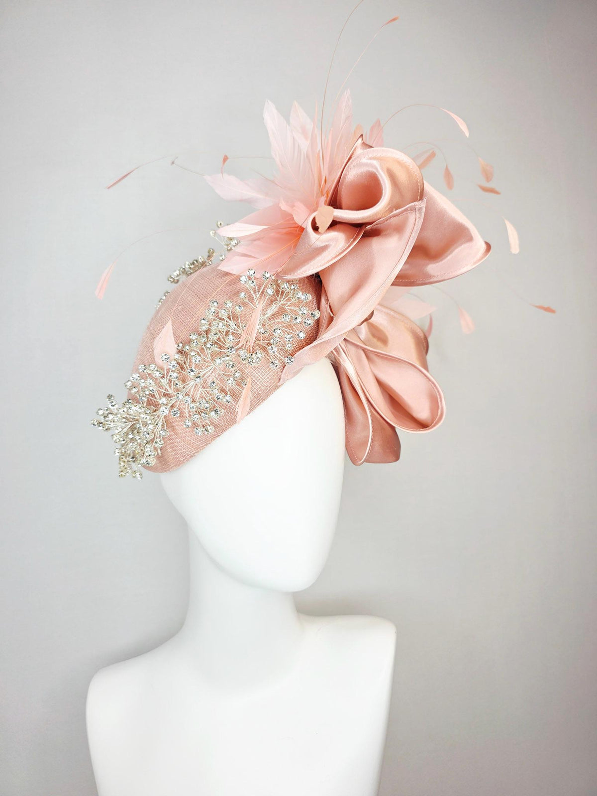 kentucky derby hat fascinator light pink dusty rose sinamay with crystal clear leaf vine large champagne pink satin bow baby pink feathers
