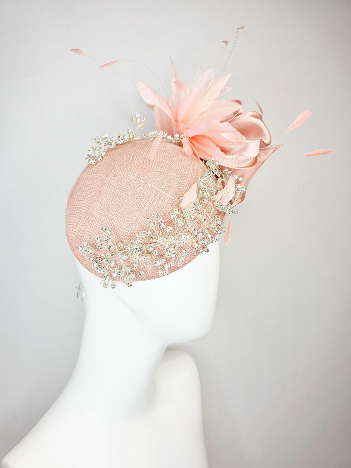 kentucky derby hat fascinator light pink dusty rose sinamay with crystal clear leaf vine large champagne pink satin bow baby pink feathers