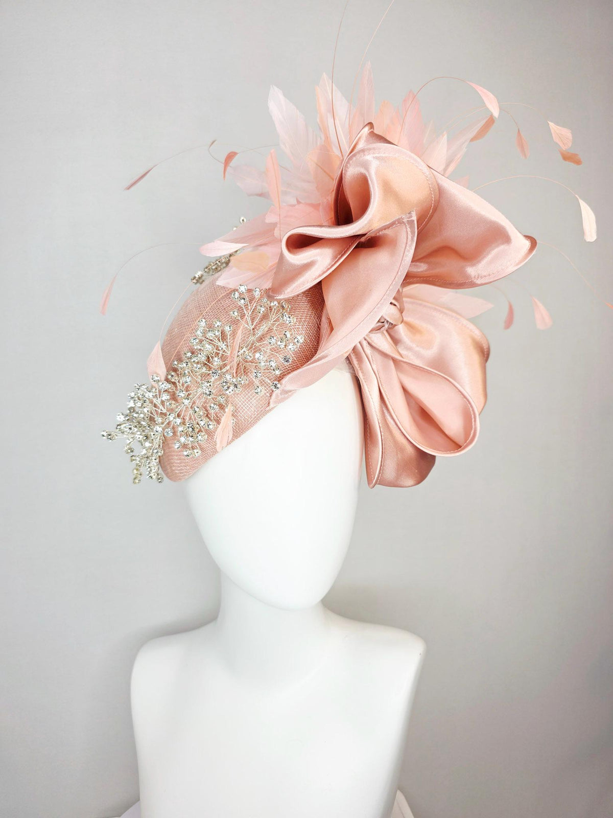 kentucky derby hat fascinator light pink dusty rose sinamay with crystal clear leaf vine large champagne pink satin bow baby pink feathers