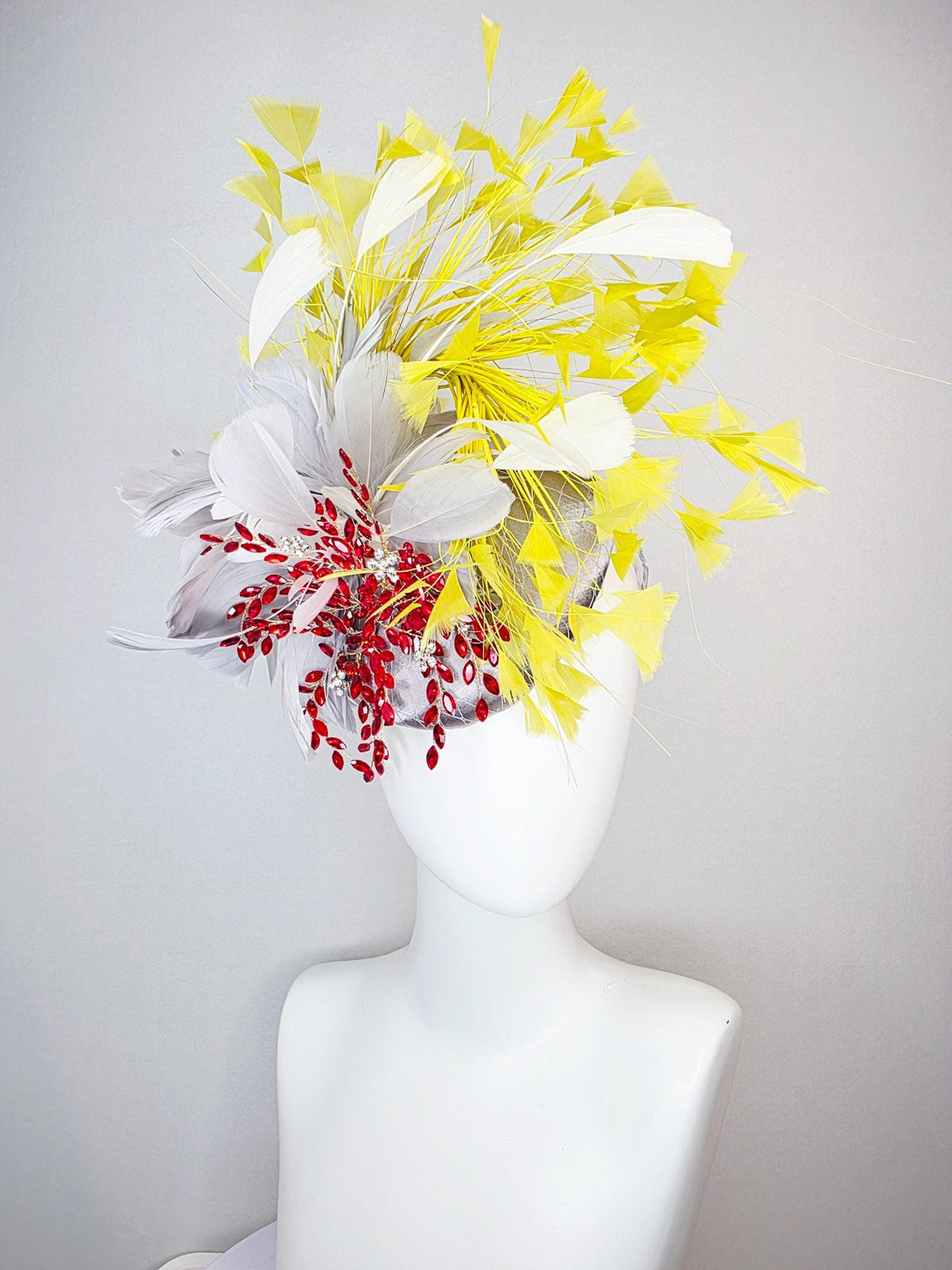 kentucky derby hat fascinator silver gray satin with netting fluffy light gray silver feathers leaf vine crystal red white yellow feathers