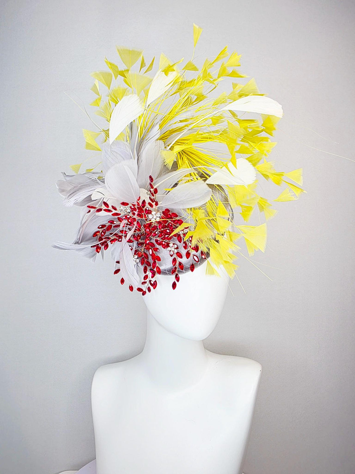 kentucky derby hat fascinator silver gray satin with netting fluffy light gray silver feathers leaf vine crystal red white yellow feathers