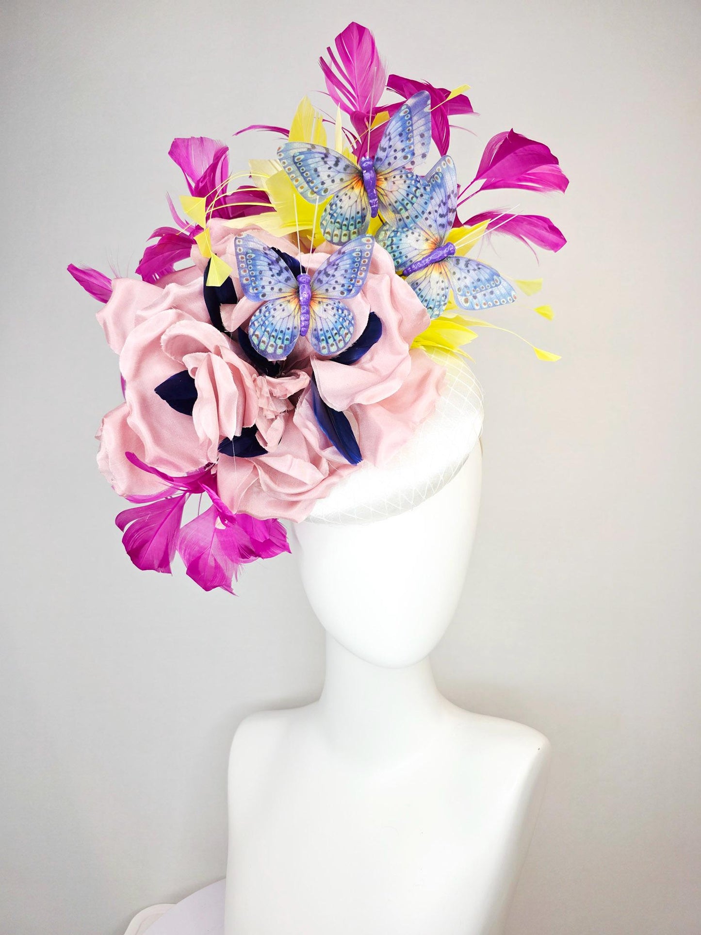 kentucky derby hat fascinator white silk with netting light pink silk roses yellow and magenta purple feathers and purple blue butterflies