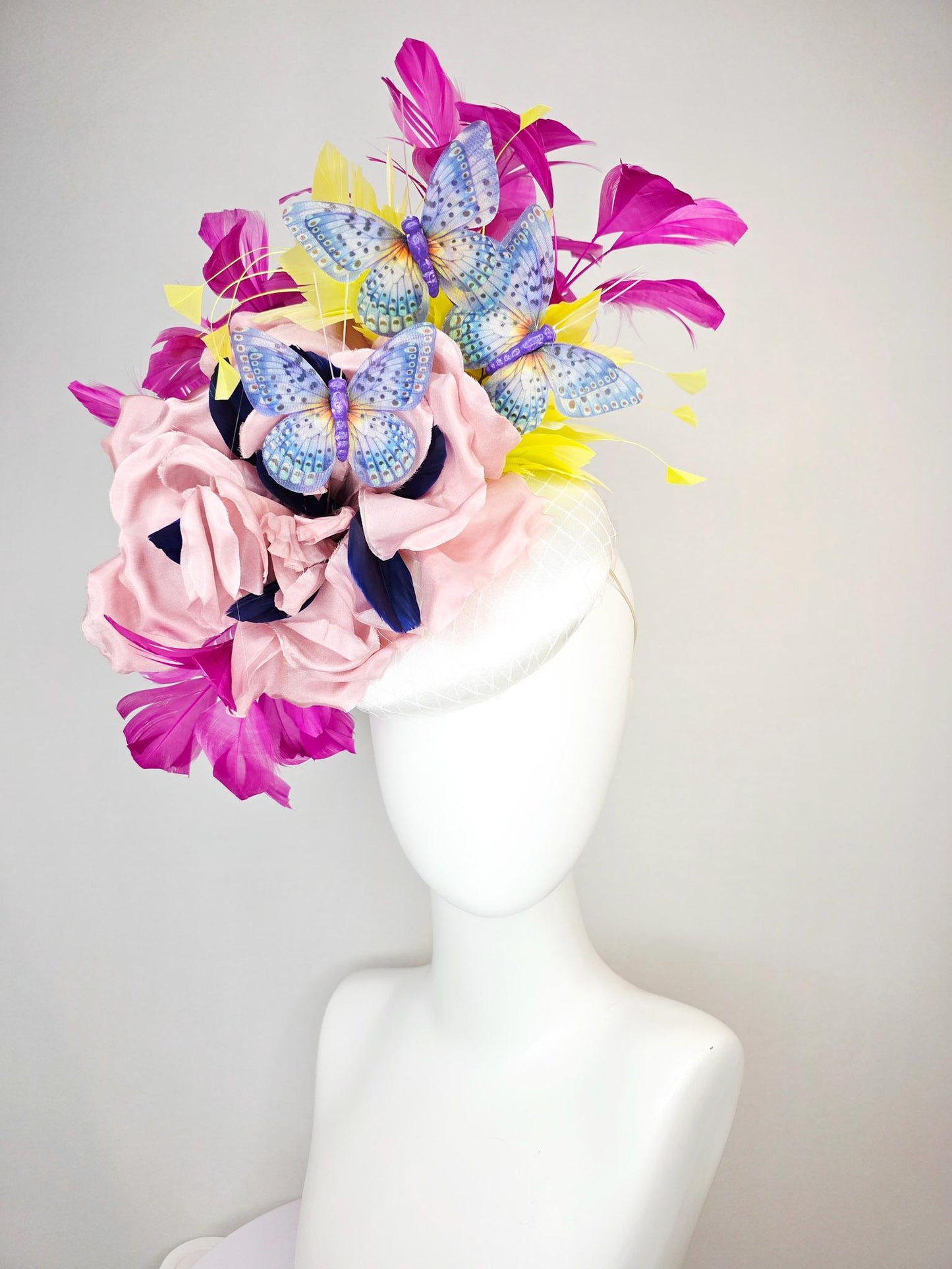 kentucky derby hat fascinator white silk with netting light pink silk roses yellow and magenta purple feathers and purple blue butterflies