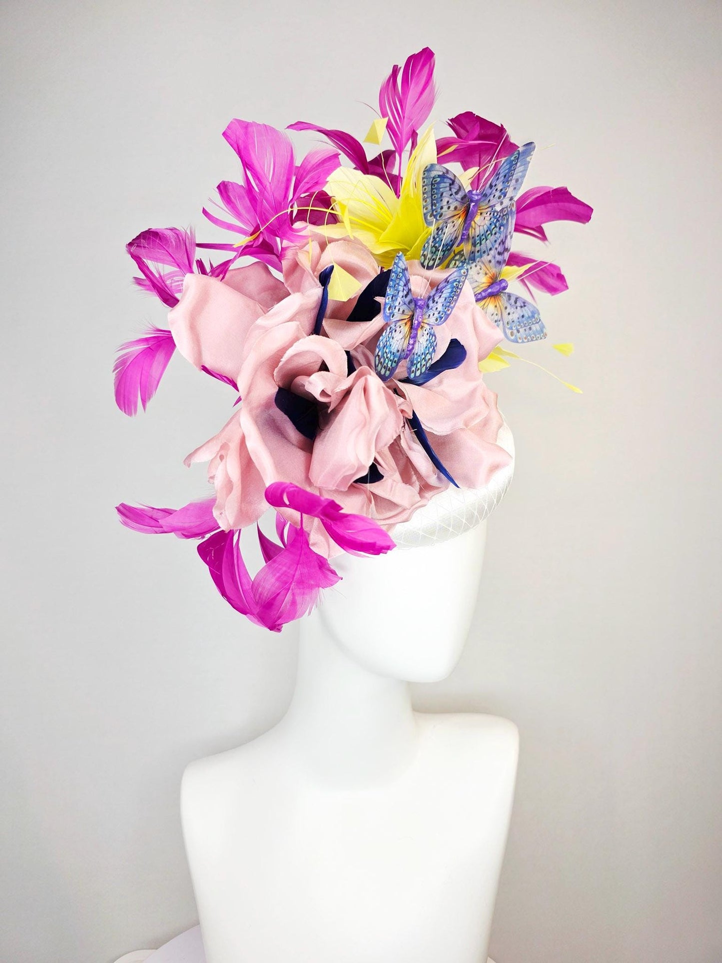 kentucky derby hat fascinator white silk with netting light pink silk roses yellow and magenta purple feathers and purple blue butterflies