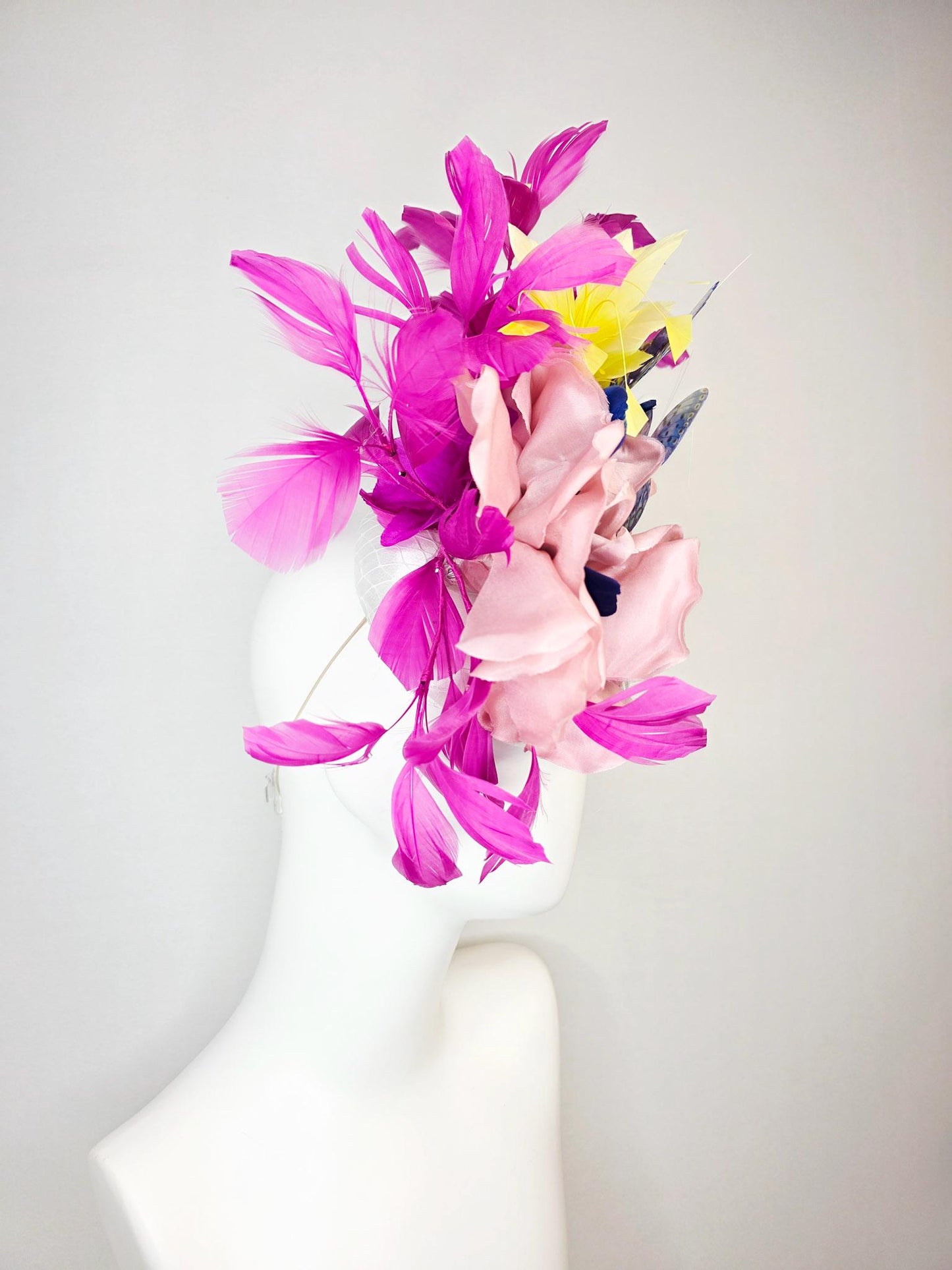 kentucky derby hat fascinator white silk with netting light pink silk roses yellow and magenta purple feathers and purple blue butterflies