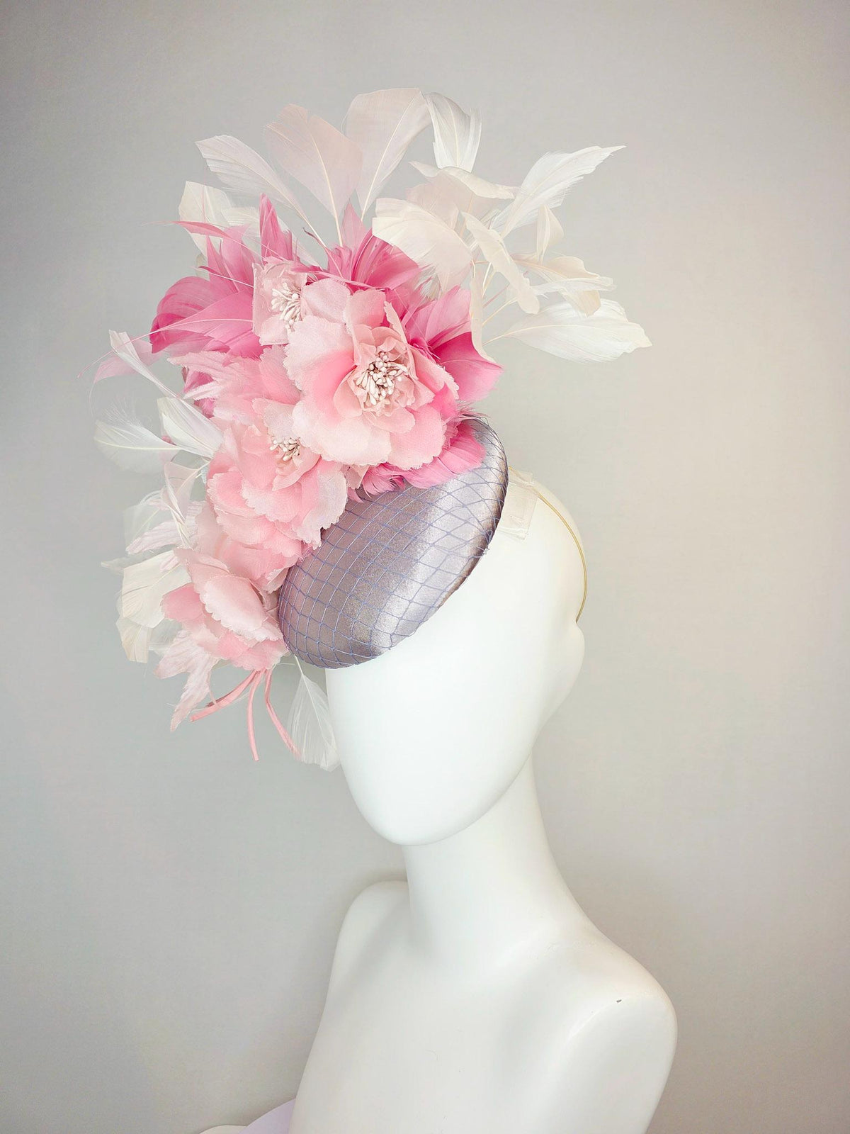 kentucky derby hat fascinator silver gray silk with netting light baby pink organza flowers blush pink and ivory white branching feathers