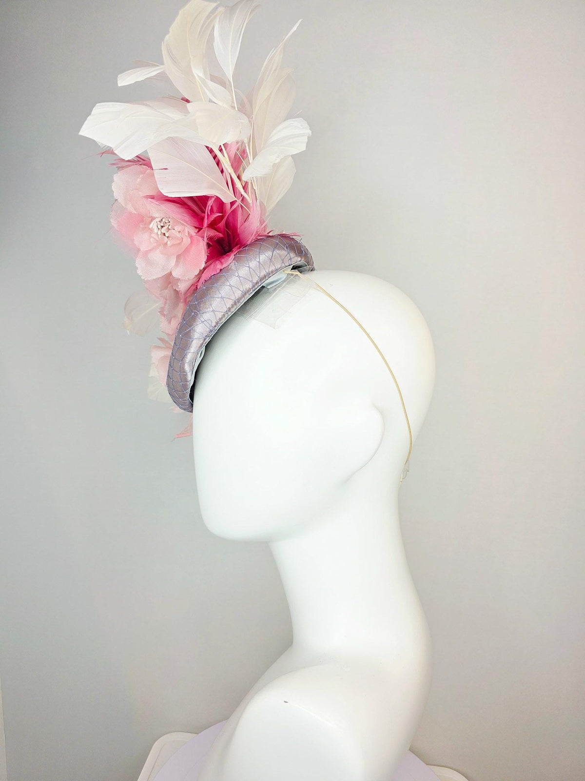 kentucky derby hat fascinator silver gray silk with netting light baby pink organza flowers blush pink and ivory white branching feathers