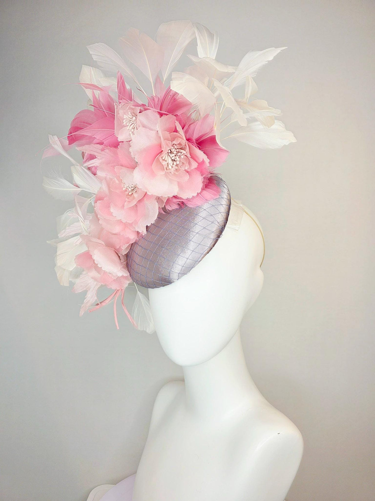 kentucky derby hat fascinator silver gray silk with netting light baby pink organza flowers blush pink and ivory white branching feathers