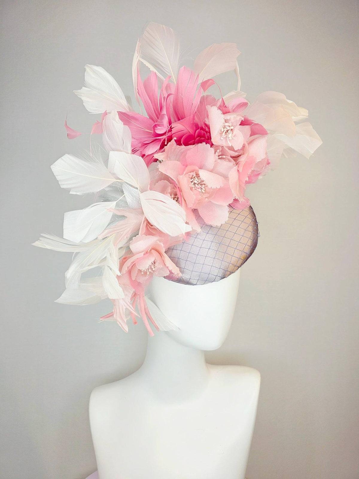 kentucky derby hat fascinator silver gray silk with netting light baby pink organza flowers blush pink and ivory white branching feathers
