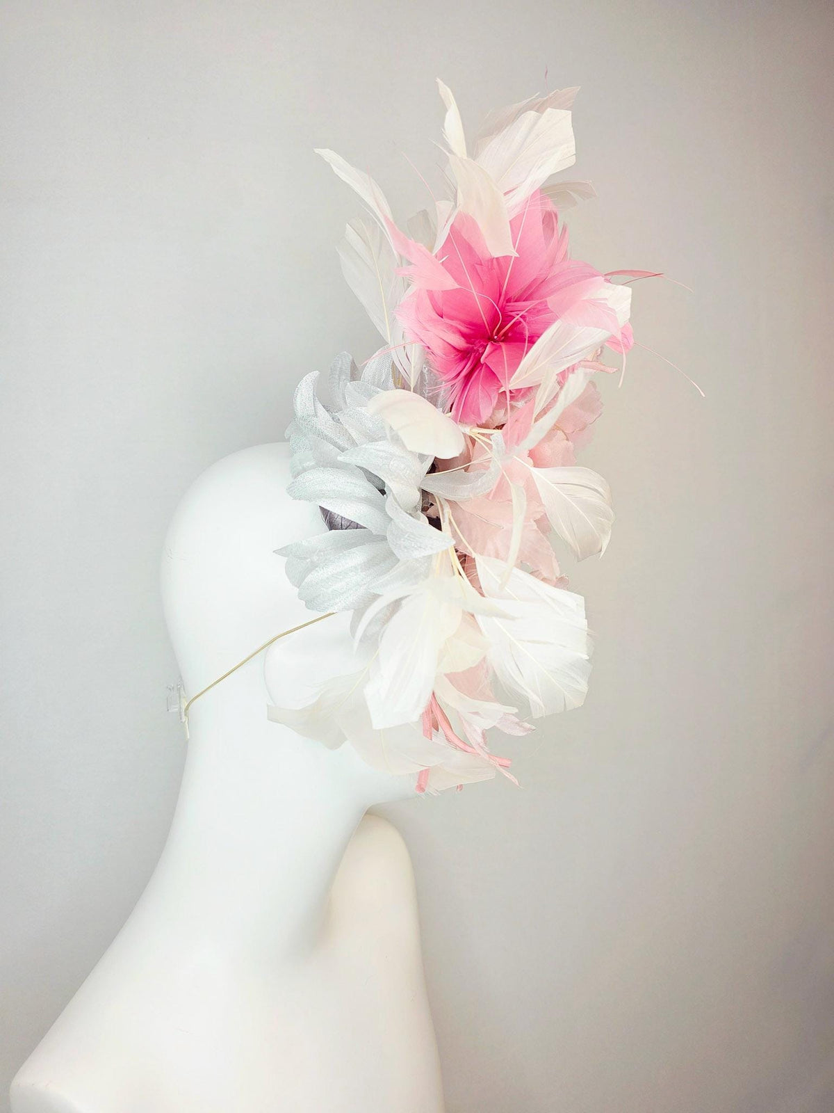 kentucky derby hat fascinator silver gray silk with netting light baby pink organza flowers blush pink and ivory white branching feathers