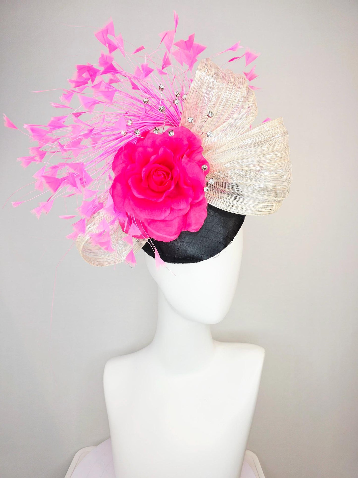 kentucky derby hat fascinator black satin with netting fuchsia pink satin rose ivory cream metallic silk ribbon and blush pink feathers