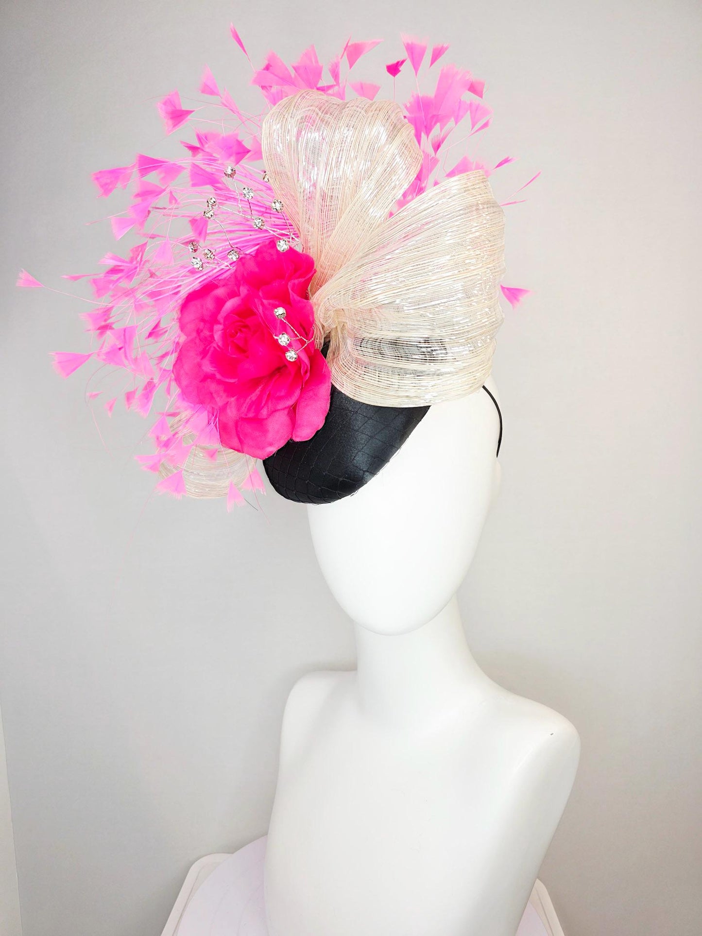 kentucky derby hat fascinator black satin with netting fuchsia pink satin rose ivory cream metallic silk ribbon and blush pink feathers