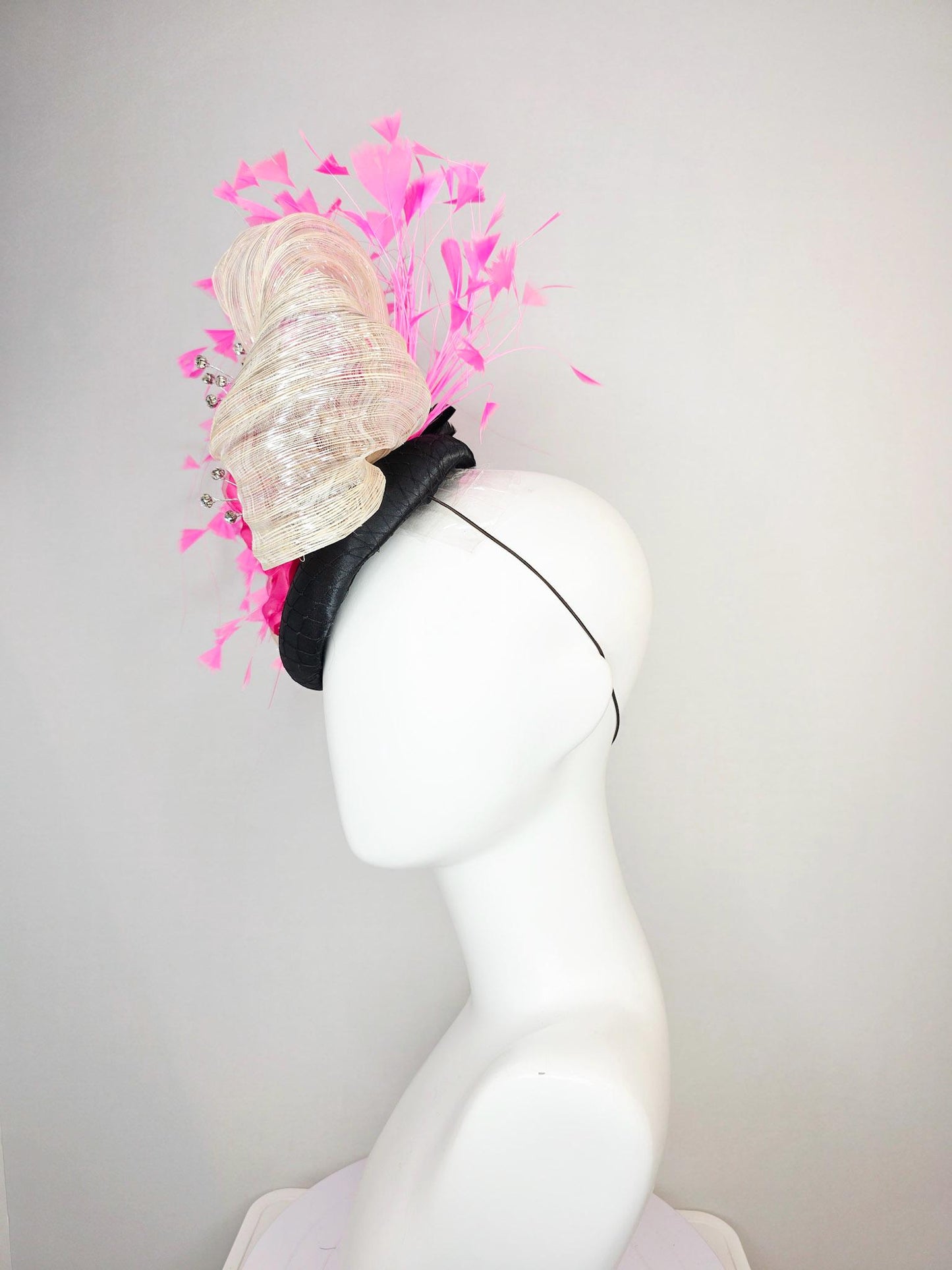 kentucky derby hat fascinator black satin with netting fuchsia pink satin rose ivory cream metallic silk ribbon and blush pink feathers