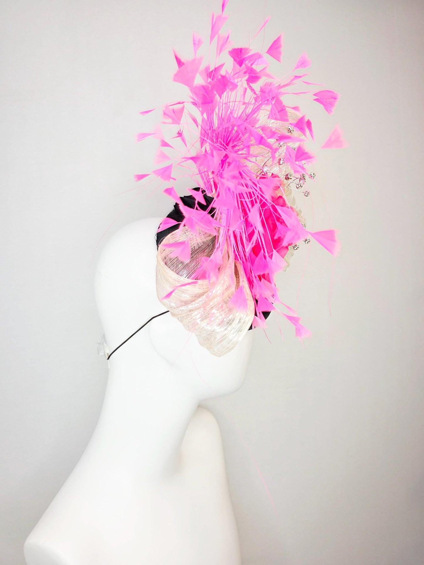 kentucky derby hat fascinator black satin with netting fuchsia pink satin rose ivory cream metallic silk ribbon and blush pink feathers