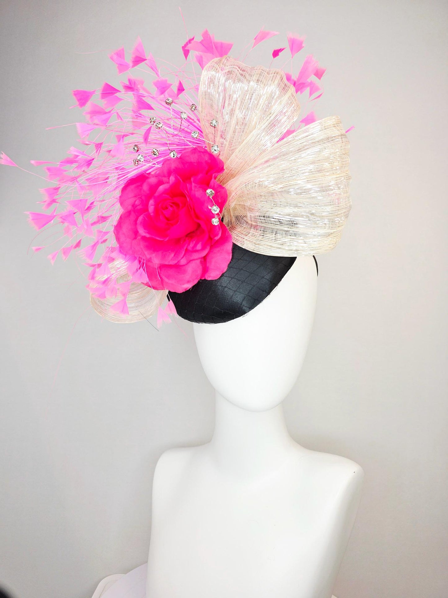 kentucky derby hat fascinator black satin with netting fuchsia pink satin rose ivory cream metallic silk ribbon and blush pink feathers