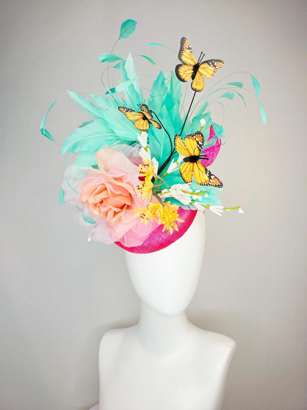 kentucky derby hat fascinator hot pink sinamay with peach organza rose yellow and white flowers green mint feathers and yellow butterflies