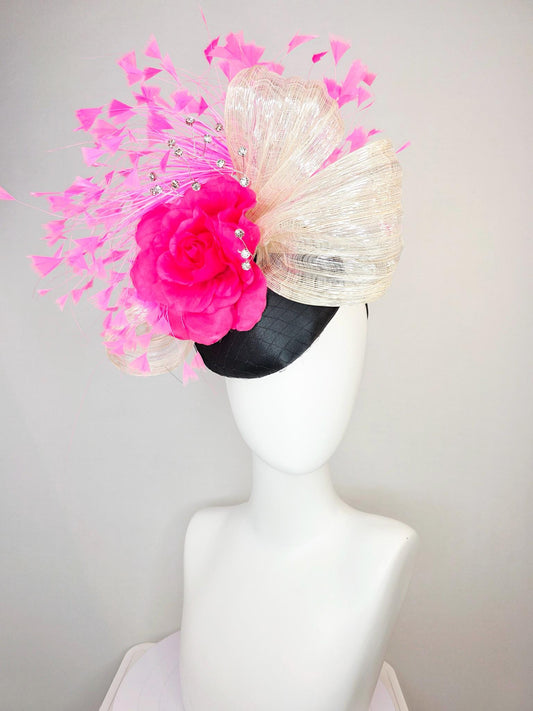 kentucky derby hat fascinator black satin with netting fuchsia pink satin rose ivory cream metallic silk ribbon and blush pink feathers
