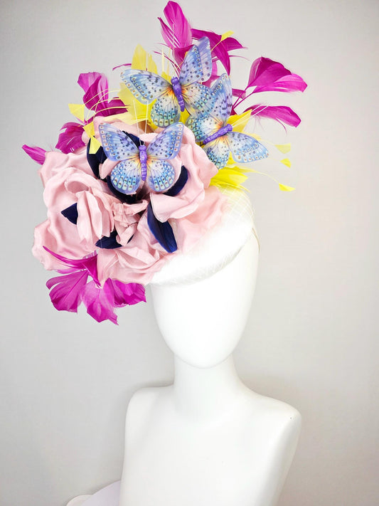 kentucky derby hat fascinator white silk with netting light pink silk roses yellow and magenta purple feathers and purple blue butterflies