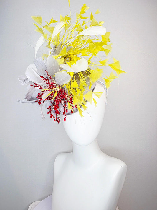 kentucky derby hat fascinator silver gray satin with netting fluffy light gray silver feathers leaf vine crystal red white yellow feathers
