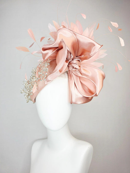 kentucky derby hat fascinator light pink dusty rose sinamay with crystal clear leaf vine large champagne pink satin bow baby pink feathers