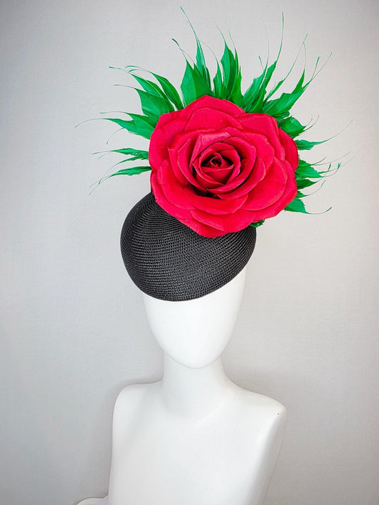 kentucky derby hat fascinator black straw base with large cherry red satin rose and bright green branching feathers
