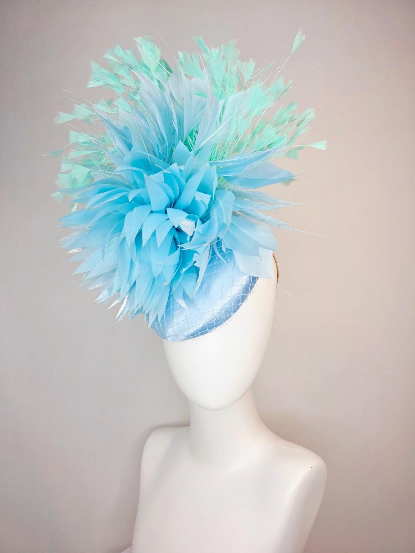 kentucky derby hat fascinator light baby blue satin with netting fluffy sky blue feathers and mint green branching feathers