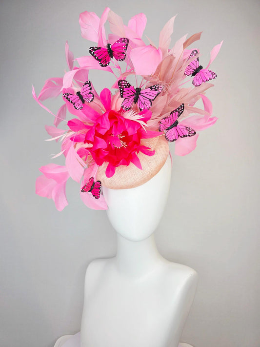 kentucky derby hat fascinator champagne pink sinamay with hot pink feather flower dusty rose and blush pink feathers and pink butterflies