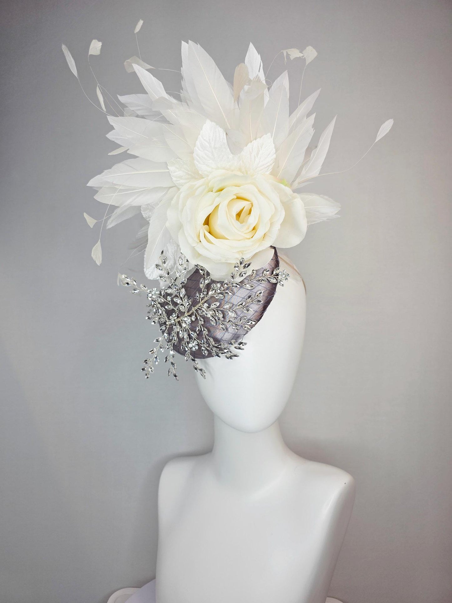 kentucky derby hat fascinator silver gray satin with netting leaf vine crystal clear rhinestone ivory white organza silk rose white feathers